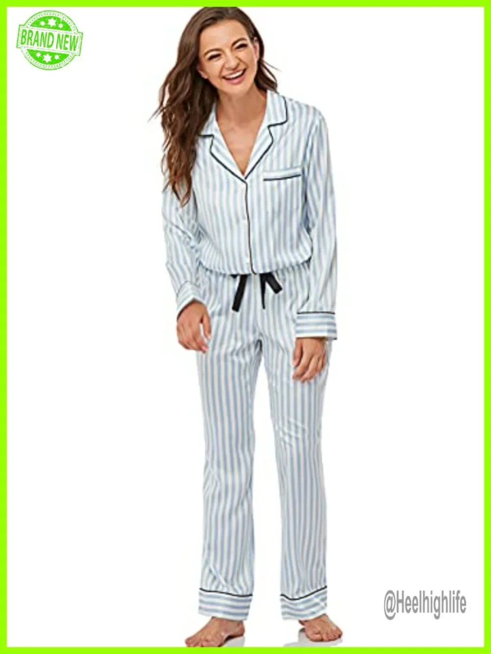 Satin Pajama Set Long Sleeve Button Down Sleepwear 2-Piece Silky Pj Set